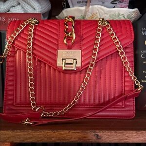 Badgley Mischka Red Quilted Shoulder Bag with Gold Chain